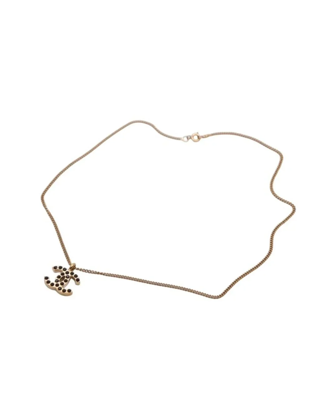 Chanel CC Logo Black Rhinestone Necklace Metal Gold